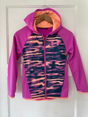 Under Armour Hoodie Girls Youth Size M Pink Peach Full Zip Sweatshirt Coldgear